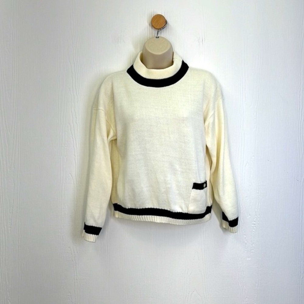 Jasper - Vintage High Neck Ivory And Black Pocket Sweater Size Large - Picture 2 of 14